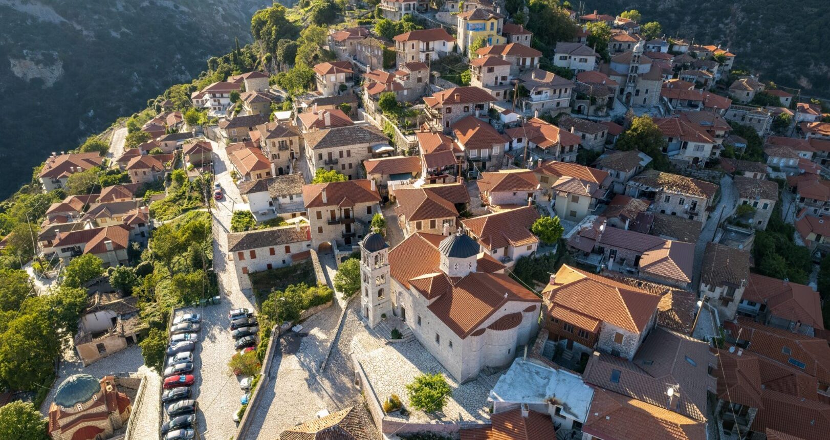 Aerial,View,Of,The,Historical,Village,Dimitsana,With,The,Traditional
